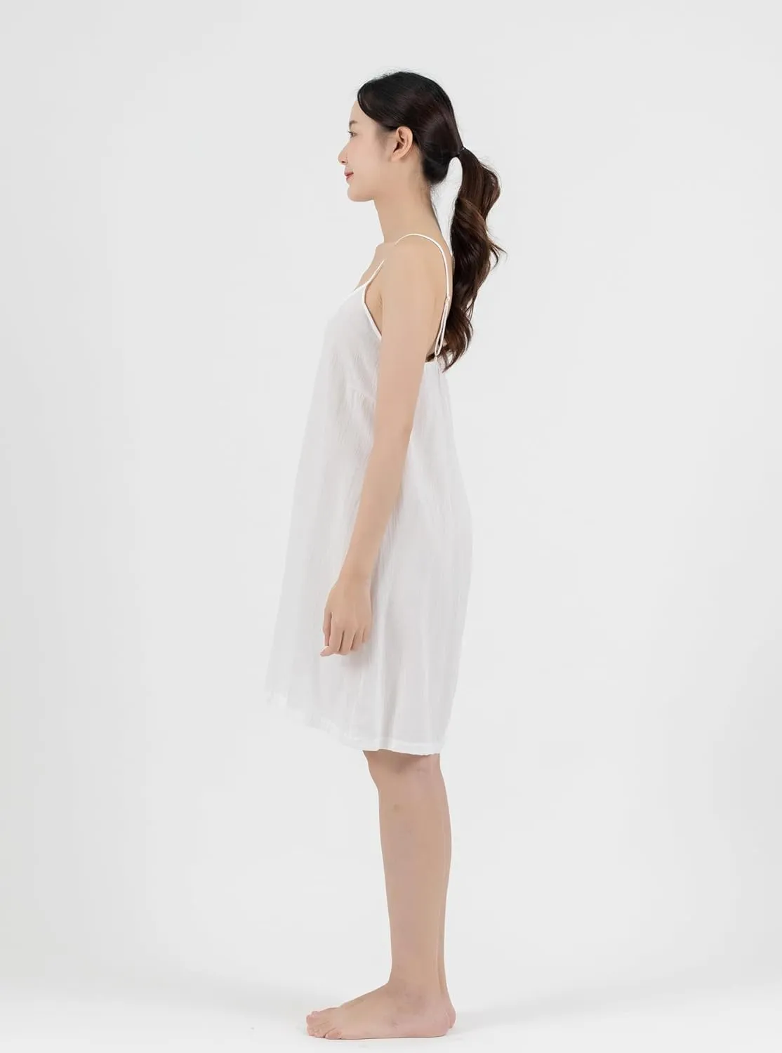 Cotton Full Slip Under Dress Knee Length Adjustable Spaghetti Strap Undergarment Nightwear (S/M, White)