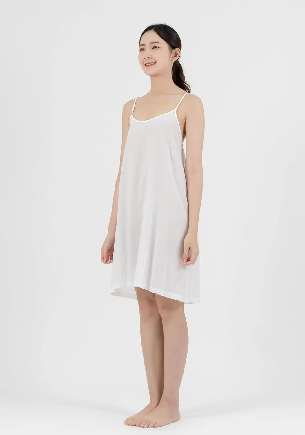 Cotton Full Slip Under Dress Knee Length Adjustable Spaghetti Strap Undergarment Nightwear (S/M, White)