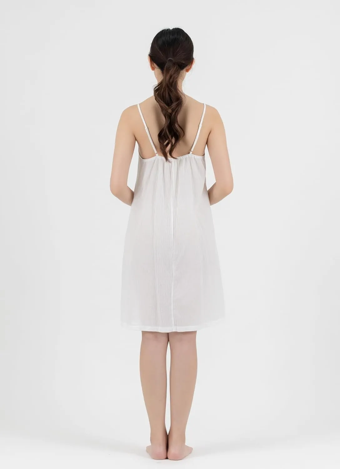 Cotton Full Slip Under Dress Knee Length Adjustable Spaghetti Strap Undergarment Nightwear (S/M, White)