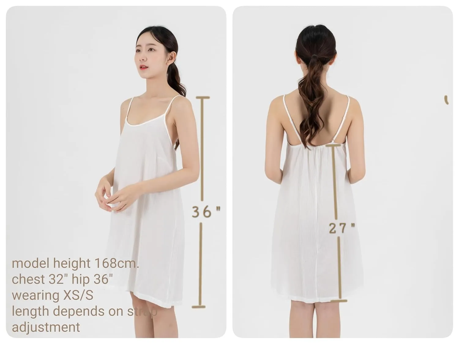 Cotton Full Slip Under Dress Knee Length Adjustable Spaghetti Strap Undergarment Nightwear (S/M, White)