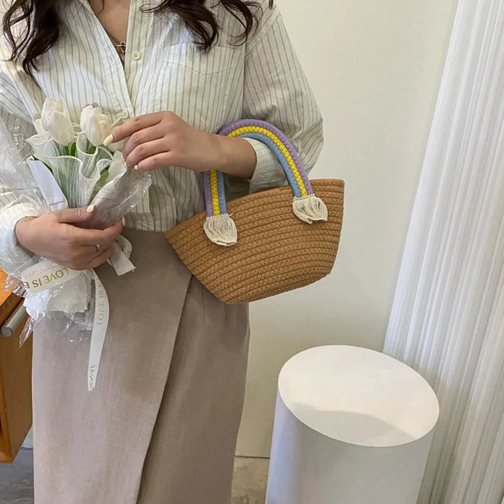Cotton Handmade Women’s Tote Handbags Hand-Woven Purse with Rainbow Handles Summer Beach Tote Bag Travel Bag Holiday