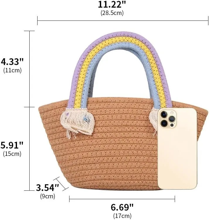 Cotton Handmade Women’s Tote Handbags Hand-Woven Purse with Rainbow Handles Summer Beach Tote Bag Travel Bag Holiday