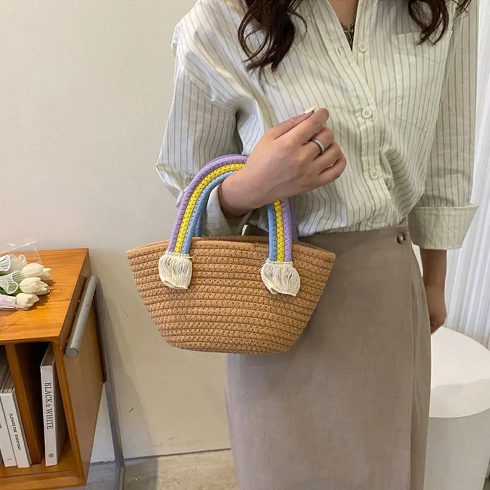 Cotton Handmade Women’s Tote Handbags Hand-Woven Purse with Rainbow Handles Summer Beach Tote Bag Travel Bag Holiday