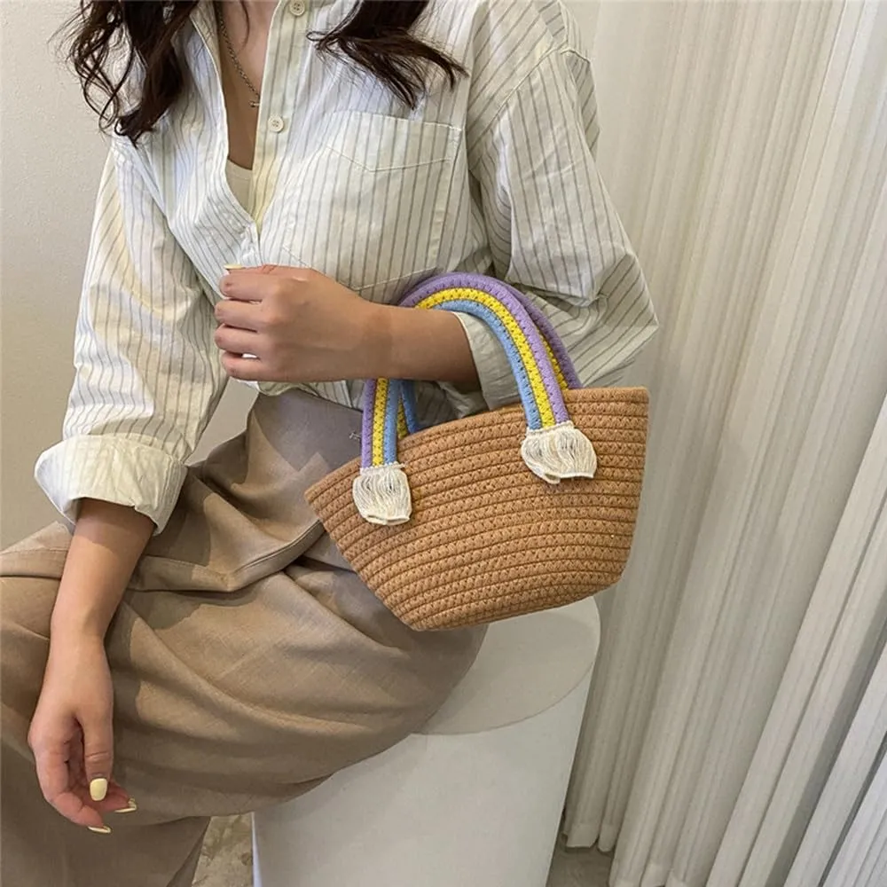 Cotton Handmade Women’s Tote Handbags Hand-Woven Purse with Rainbow Handles Summer Beach Tote Bag Travel Bag Holiday