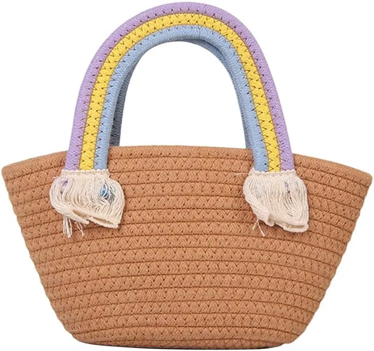 Cotton Handmade Women’s Tote Handbags Hand-Woven Purse with Rainbow Handles Summer Beach Tote Bag Travel Bag Holiday