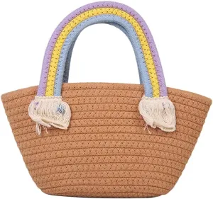 Cotton Handmade Women’s Tote Handbags Hand-Woven Purse with Rainbow Handles Summer Beach Tote Bag Travel Bag Holiday