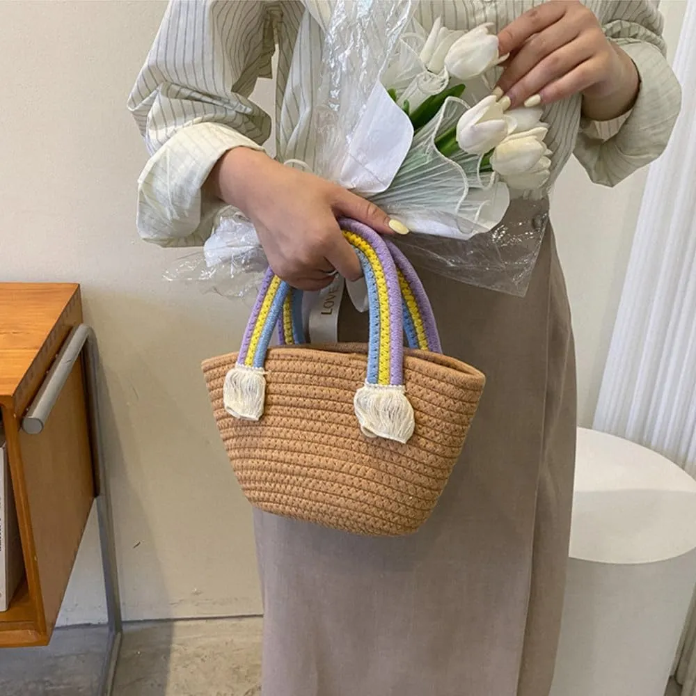 Cotton Handmade Women’s Tote Handbags Hand-Woven Purse with Rainbow Handles Summer Beach Tote Bag Travel Bag Holiday