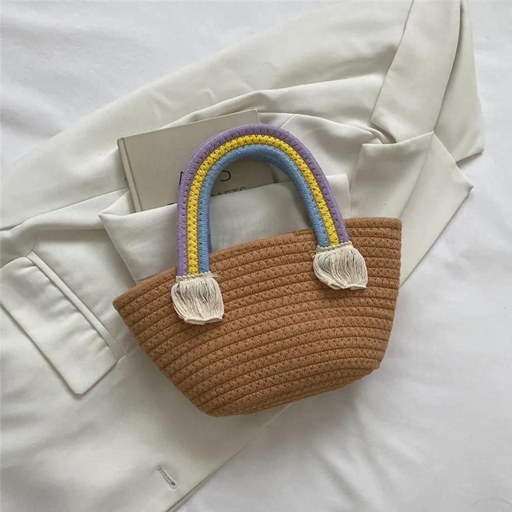 Cotton Handmade Women’s Tote Handbags Hand-Woven Purse with Rainbow Handles Summer Beach Tote Bag Travel Bag Holiday