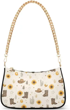 Cowboy Boots Cactus Sunflower Tote Bag Shoulder Bag Hobo Handbag for Women Ladies Mini Clutch Purse with Zipper Closure
