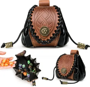 Crazy Horse Cowhide Leather & soft leather Vintage Medieval Dice Bag, Handcrafted Fully, Belt Pouch, Portable Coin Purse for Ren Faire Costumes（Brown, Small, Hold 20 Dices）