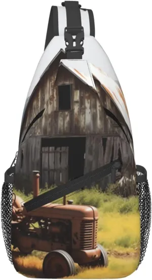 Cross Chest Bag for Men Women Crossbody Backpack Old Wooden Barn with Rusted Tractor Sling Bag Travel Hiking Daypack