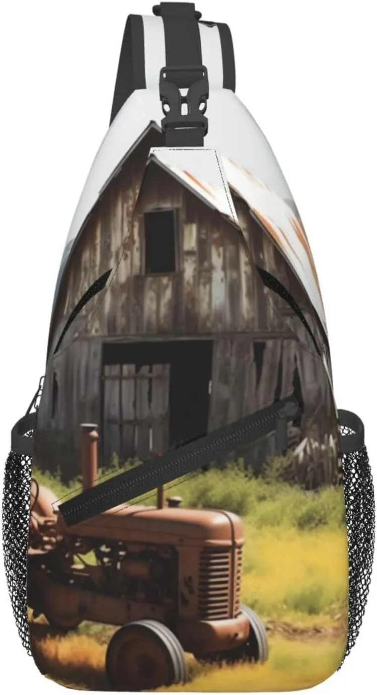 Cross Chest Bag for Men Women Crossbody Backpack Old Wooden Barn with Rusted Tractor Sling Bag Travel Hiking Daypack