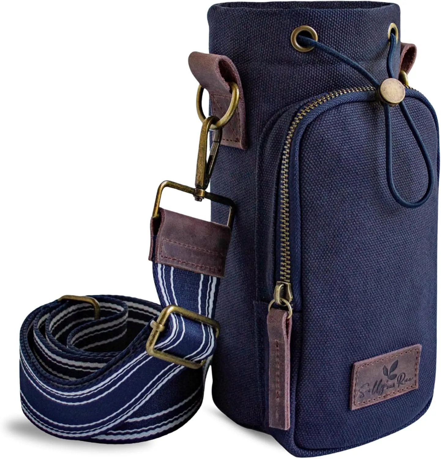 Crossbody Water Bottle Bag With Wide Strap 16 to 32oz | Durable Cotton Canvas | Genuine Leather | Insulated