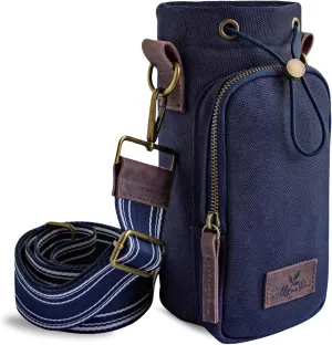 Crossbody Water Bottle Bag With Wide Strap 16 to 32oz | Durable Cotton Canvas | Genuine Leather | Insulated