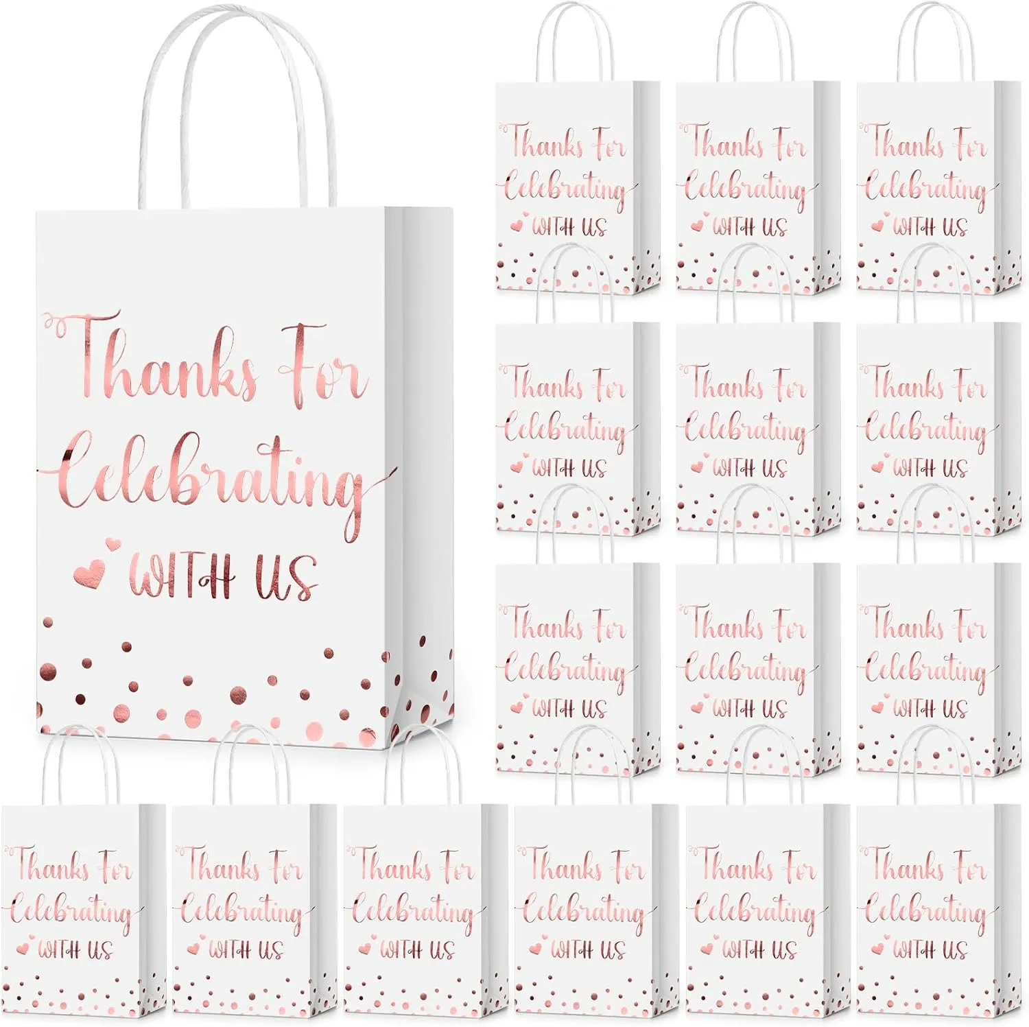 Ctosree 50 Pcs Wedding Gift Bag Thanks for Celebrating with Us Paper Bags Wedding Gift Bags with Handle for Hotel Guests Gift Bag for Bridal Shower Party Favors(White, Rose Gold)