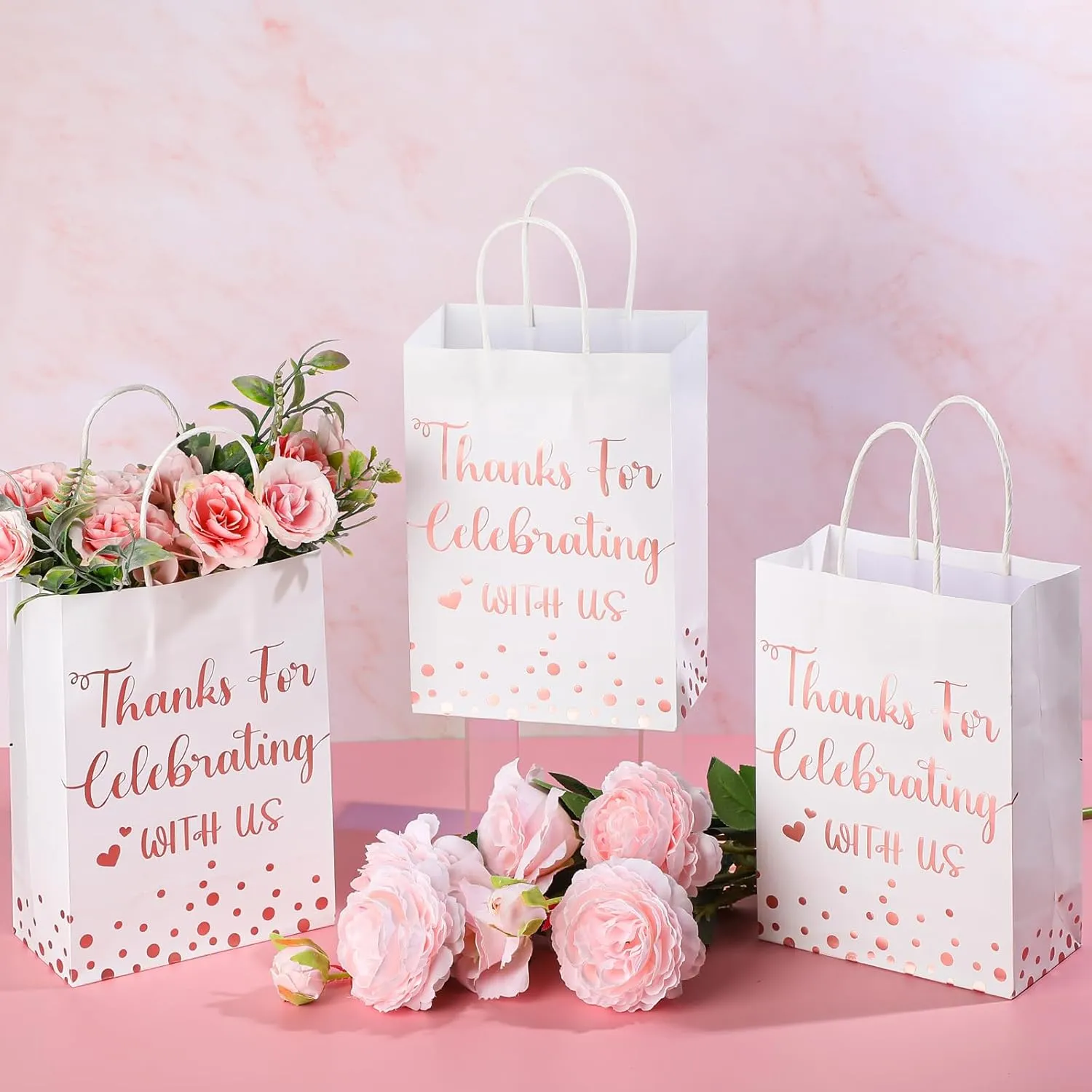 Ctosree 50 Pcs Wedding Gift Bag Thanks for Celebrating with Us Paper Bags Wedding Gift Bags with Handle for Hotel Guests Gift Bag for Bridal Shower Party Favors(White, Rose Gold)