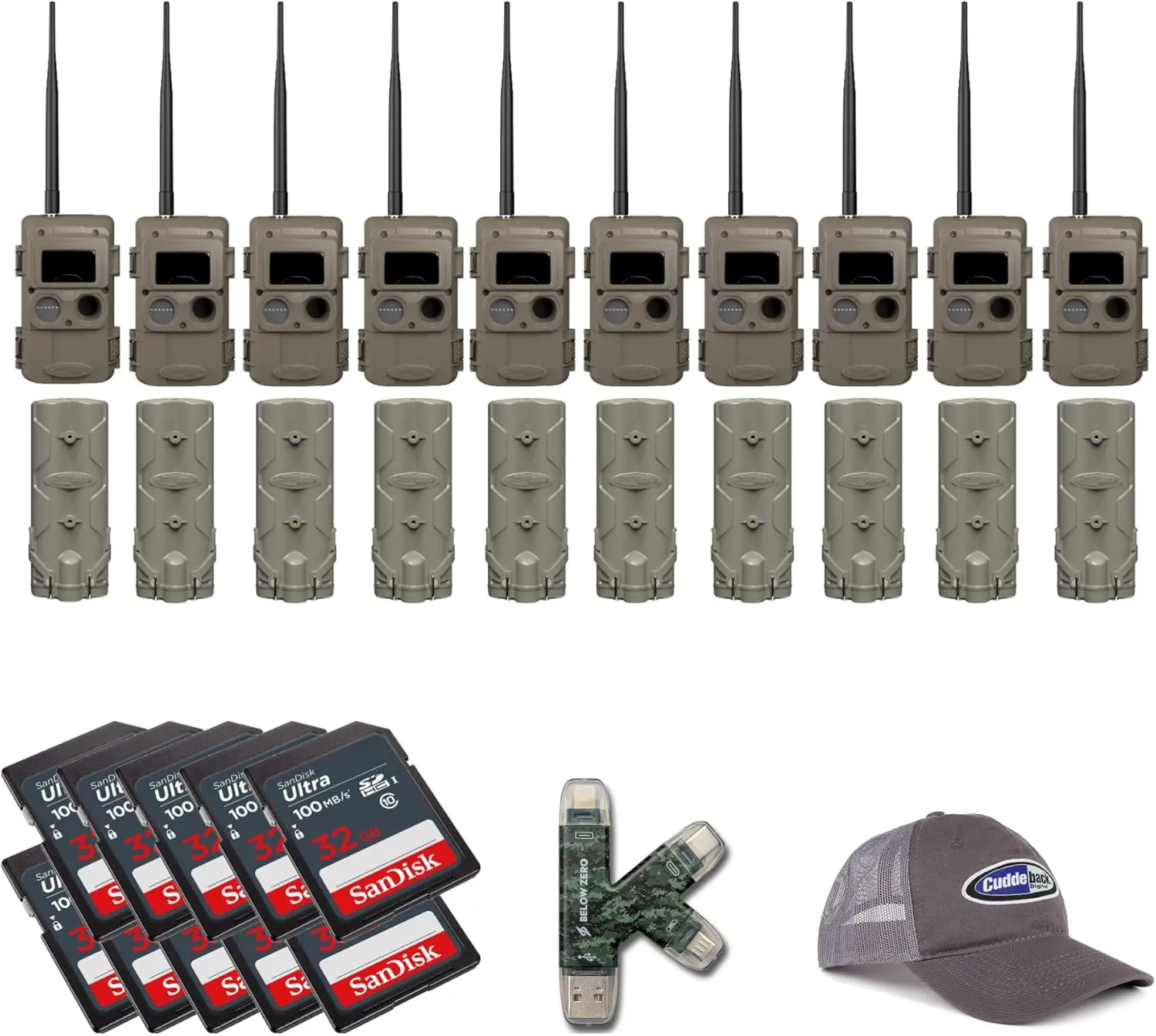 Cuddeback Cuddelink Wireless, 3rd Gen Sensor, Low-Glow IR Led Trail Camera with Antenna, Strap, and Mount (LL-2A) Bundle with PW-001 and Card (10-Pack) (32 Items)