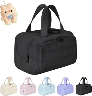Cureaway Travel Cosmetic Bag, Cureaway Large Capacity Wide-Open Travel Cosmetic Bag, Travels Makeup Bags, Waterproof Portable Pouch Open Flat Toiletry Bags, for Women With Divider And Handle (Black)