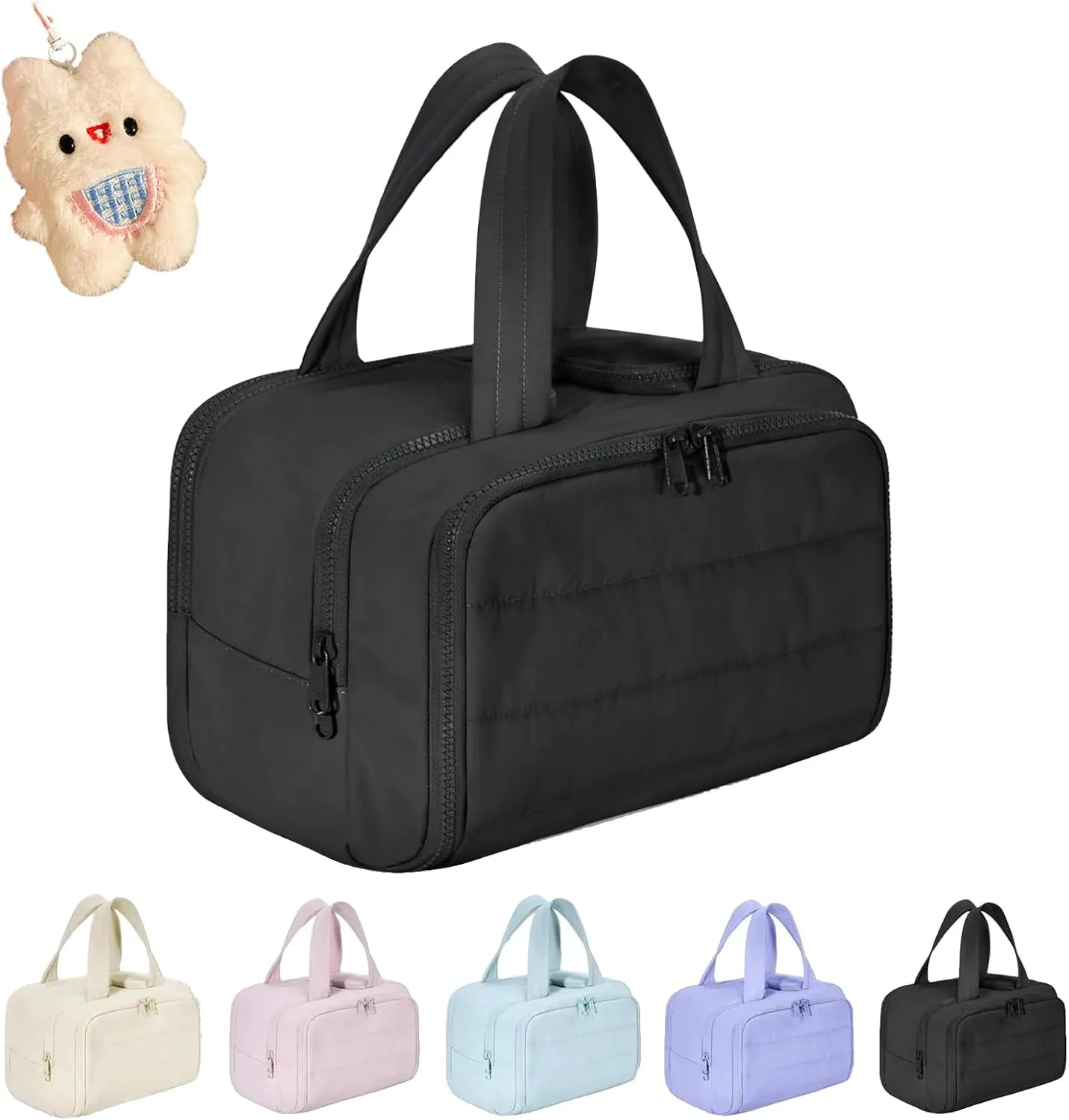 Cureaway Travel Cosmetic Bag, Cureaway Large Capacity Wide-Open Travel Cosmetic Bag, Travels Makeup Bags, Waterproof Portable Pouch Open Flat Toiletry Bags, for Women With Divider And Handle (Black)