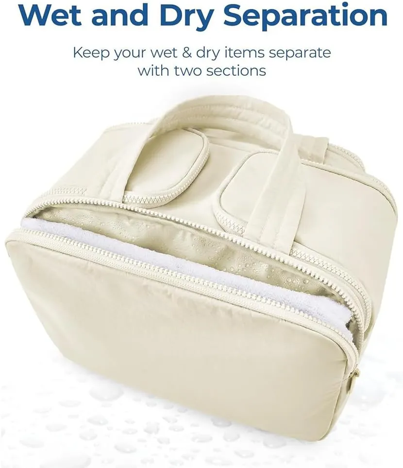 Cureaway Travel Cosmetic Bag, Cureaway Large Capacity Wide-Open Travel Cosmetic Bag, Travels Makeup Bags, Waterproof Portable Pouch Open Flat Toiletry Bags, for Women With Divider And Handle (Black)