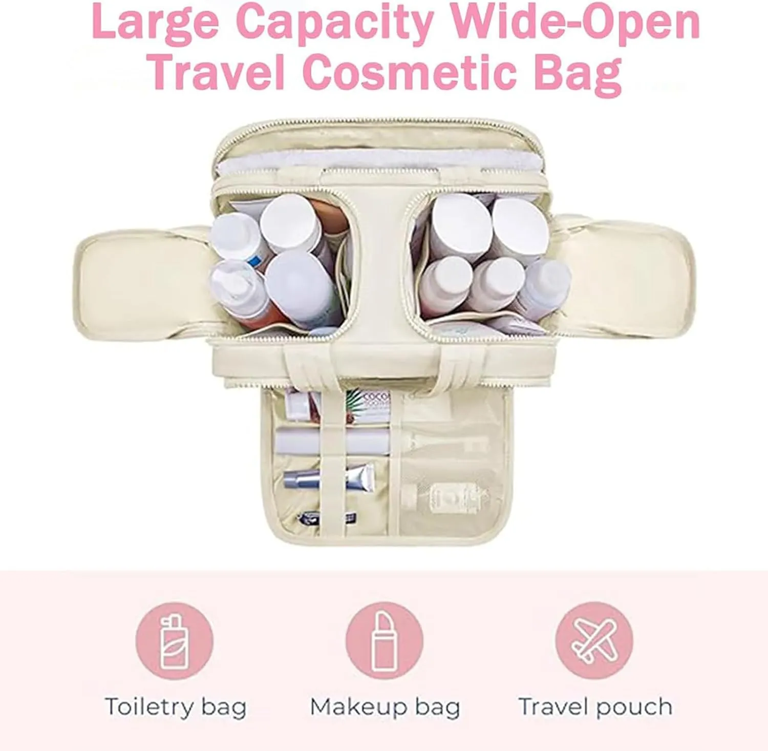 Cureaway Travel Cosmetic Bag, Curetoaway Travel Cosmetic Bag, Large Capacity Wide-Open Cosmetic Bags, Waterproof Portable Pouch Open Flat Toiletry Bags, Dry-And-Wet Separation (Beige)