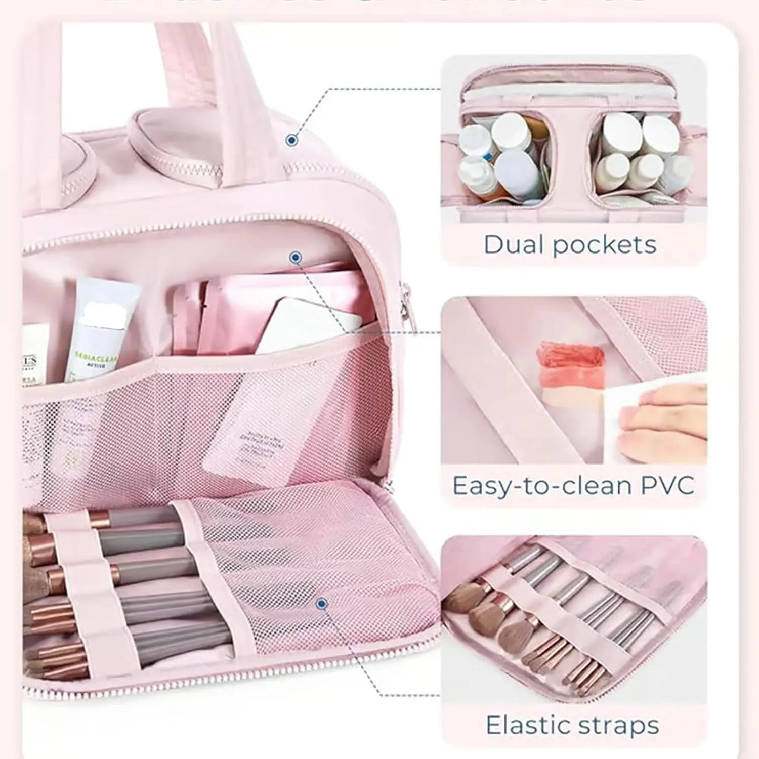 Cureaway Travel Cosmetic Bag, Curetoaway Travel Cosmetic Bag, Large Capacity Wide-Open Cosmetic Bags, Waterproof Portable Pouch Open Flat Toiletry Bags, Dry-And-Wet Separation (Beige)