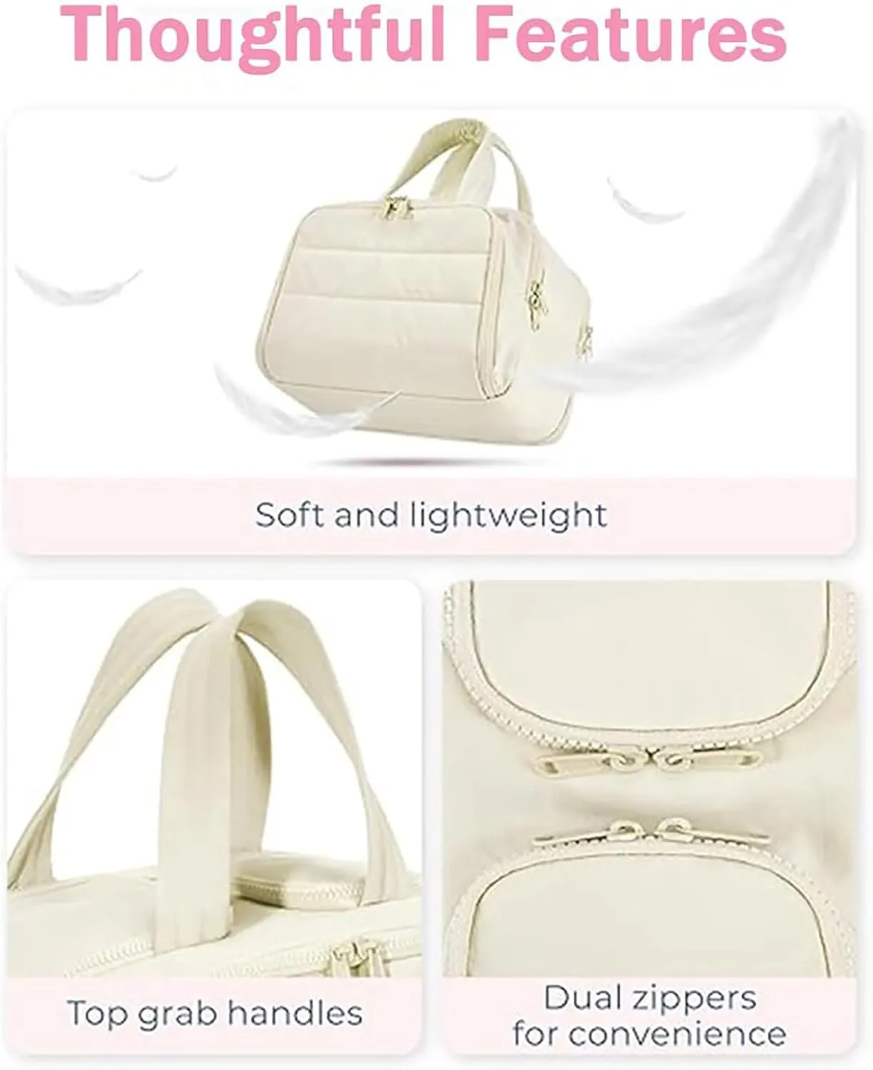 Cureaway Travel Cosmetic Bag, Curetoaway Travel Cosmetic Bag, Large Capacity Wide-Open Cosmetic Bags, Waterproof Portable Pouch Open Flat Toiletry Bags, Dry-And-Wet Separation (Beige)