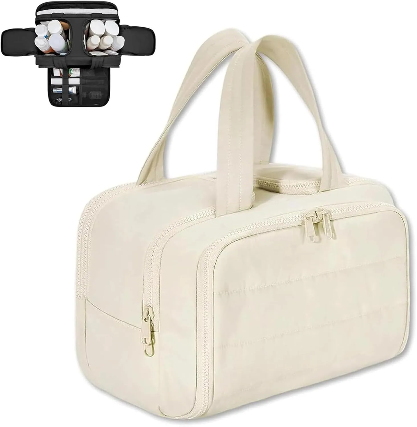 Cureaway Travel Cosmetic Bag, Curetoaway Travel Cosmetic Bag, Large Capacity Wide-Open Cosmetic Bags, Waterproof Portable Pouch Open Flat Toiletry Bags, Dry-And-Wet Separation (Beige)