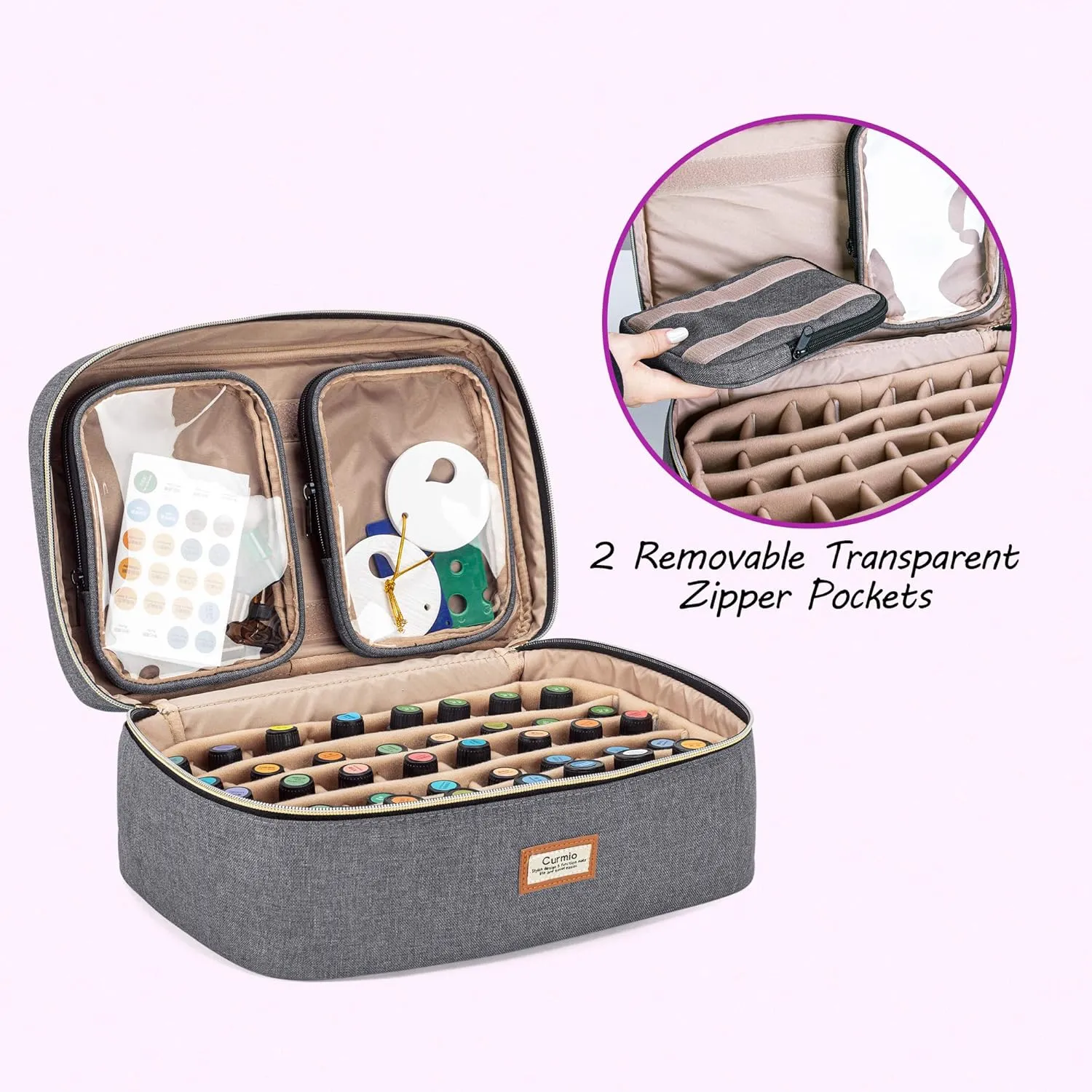 CURMIO Essential Oil Storage Case for 40 Bottles (5ml-30ml), Essential Oils Organizer Case with 2 Detachable Visible Pouches and Portable Handle, Patented Design, Gray (Bag Only)