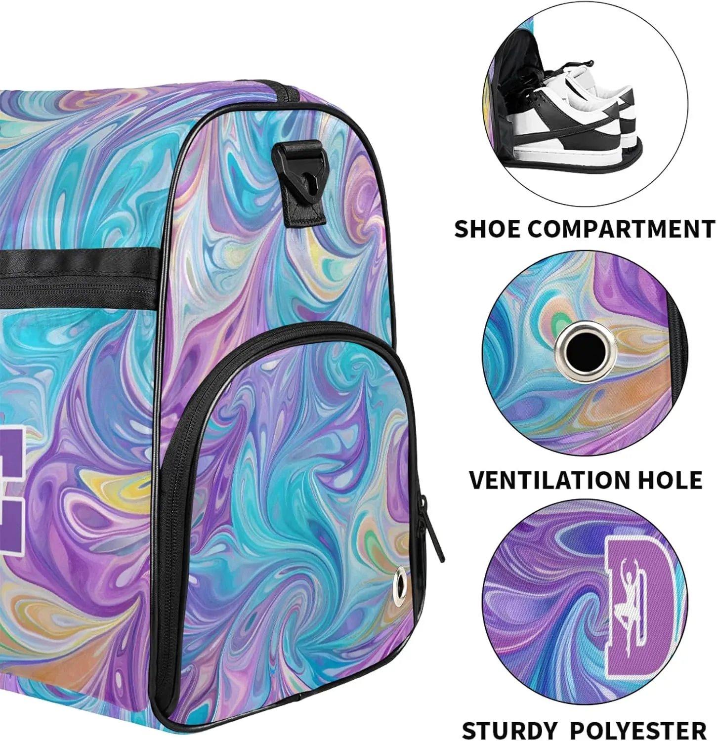 Custom Dance Duffel Bag with Shoe Compartment Personalized Sport Gym Bags Waterproof Customized Travel Duffel Bags Overnight Carry-On Tote, Blue Purple Oil Painting
