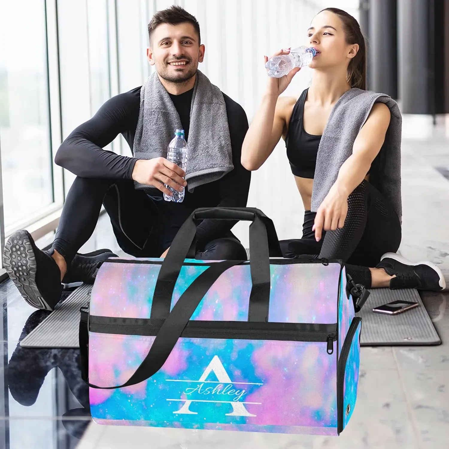 Custom Sports Duffel Bag with Shoe Compartment Personalized Name Dance Gym Bag for Women Overnight Weekender Travel Duffel Bags, Blue Pink Glitter