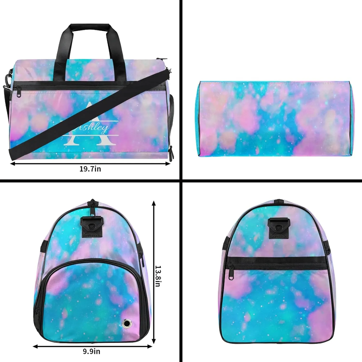 Custom Sports Duffel Bag with Shoe Compartment Personalized Name Dance Gym Bag for Women Overnight Weekender Travel Duffel Bags, Blue Pink Glitter