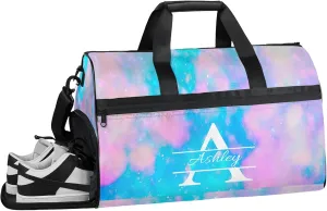 Custom Sports Duffel Bag with Shoe Compartment Personalized Name Dance Gym Bag for Women Overnight Weekender Travel Duffel Bags, Blue Pink Glitter