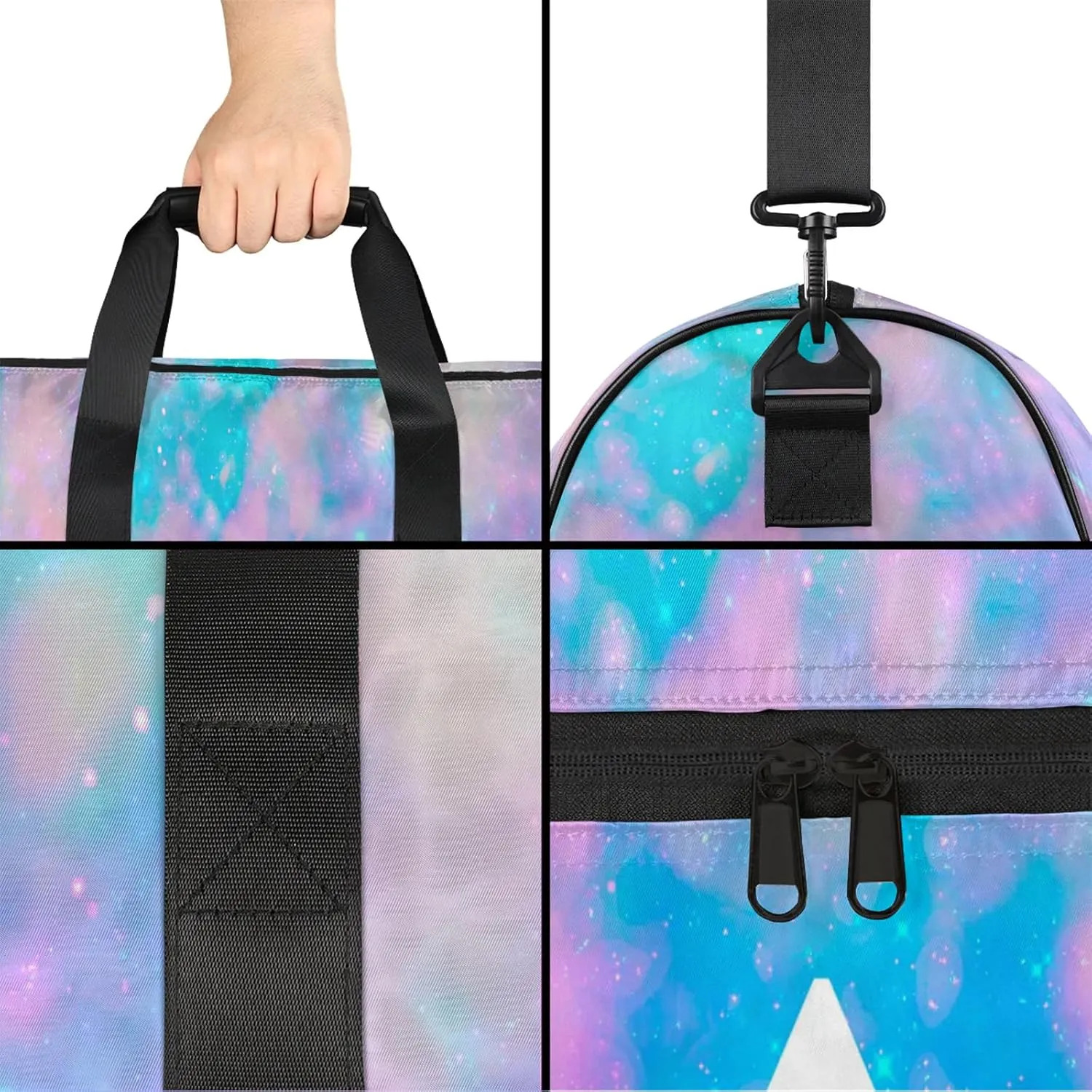 Custom Sports Duffel Bag with Shoe Compartment Personalized Name Dance Gym Bag for Women Overnight Weekender Travel Duffel Bags, Blue Pink Glitter