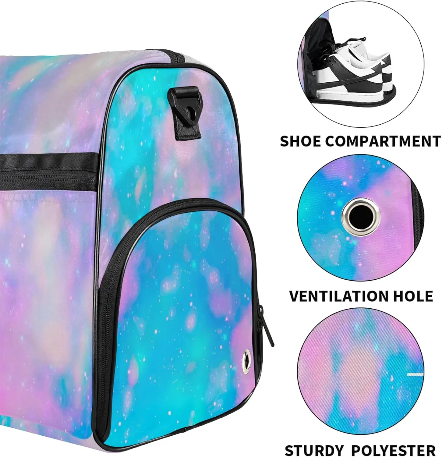 Custom Sports Duffel Bag with Shoe Compartment Personalized Name Dance Gym Bag for Women Overnight Weekender Travel Duffel Bags, Blue Pink Glitter