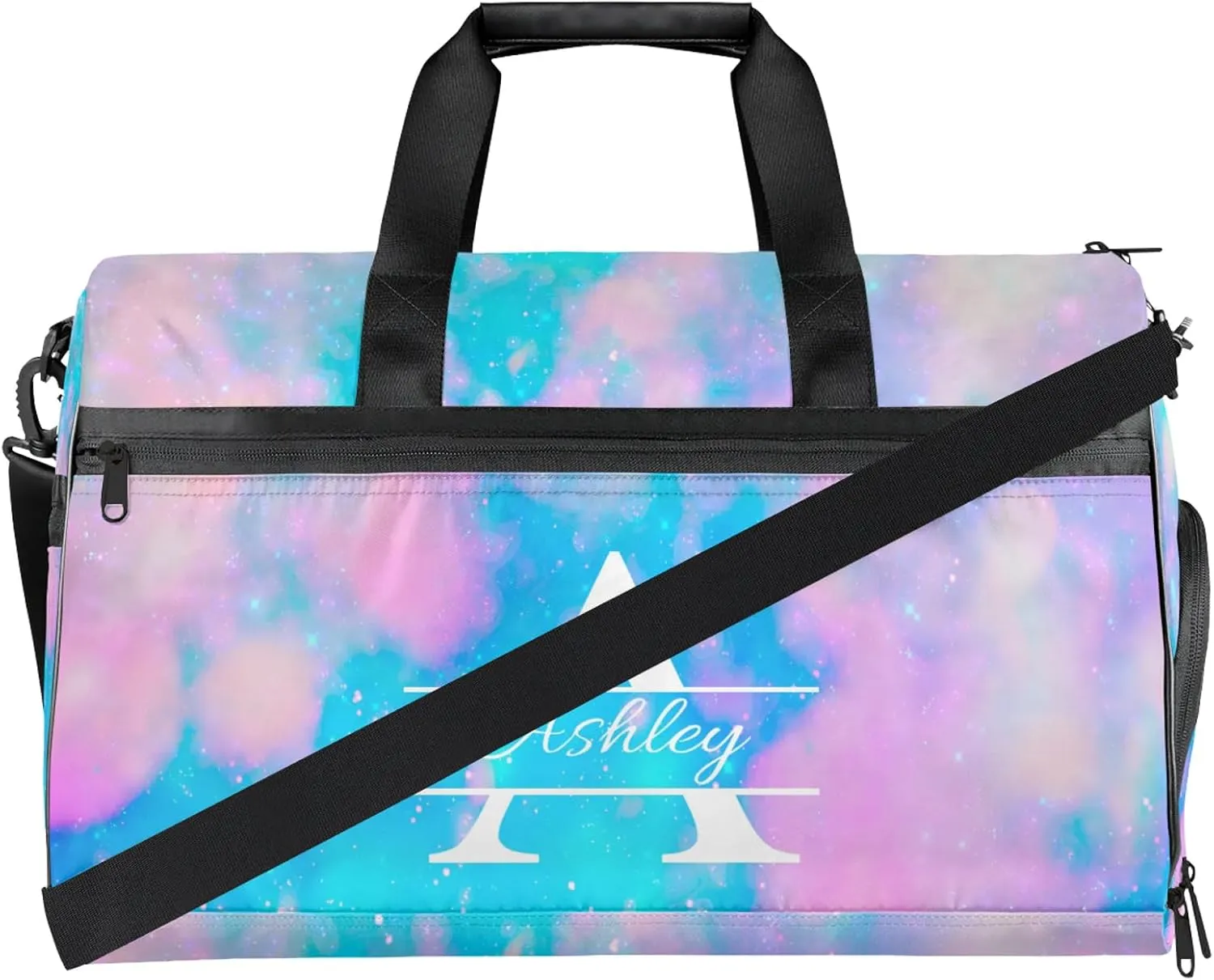 Custom Sports Duffel Bag with Shoe Compartment Personalized Name Dance Gym Bag for Women Overnight Weekender Travel Duffel Bags, Blue Pink Glitter