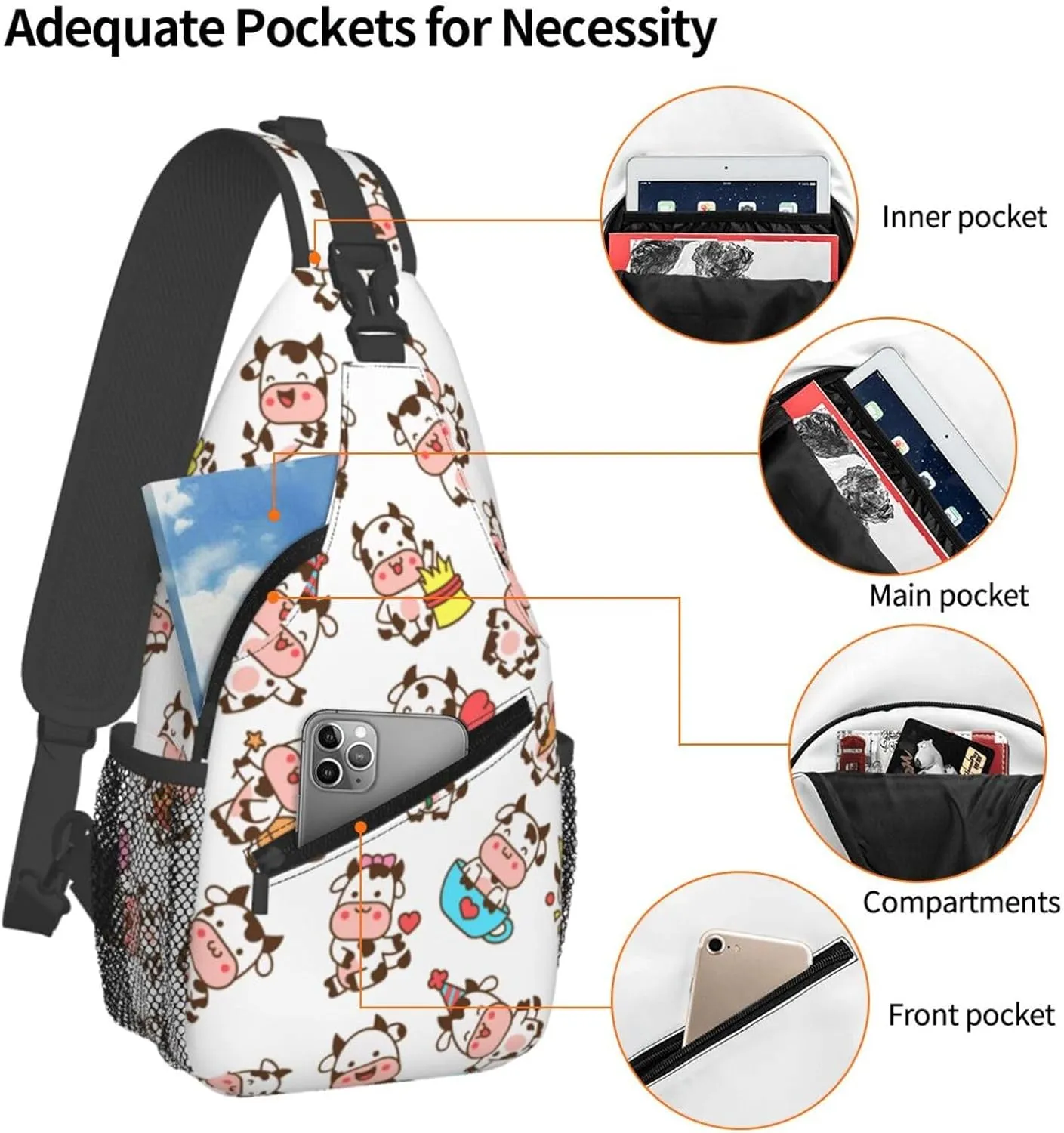 Cute Cow Crossbody Sling Backpack Sling Bag Adjustable Chest Shoulder Daypack For Women Men