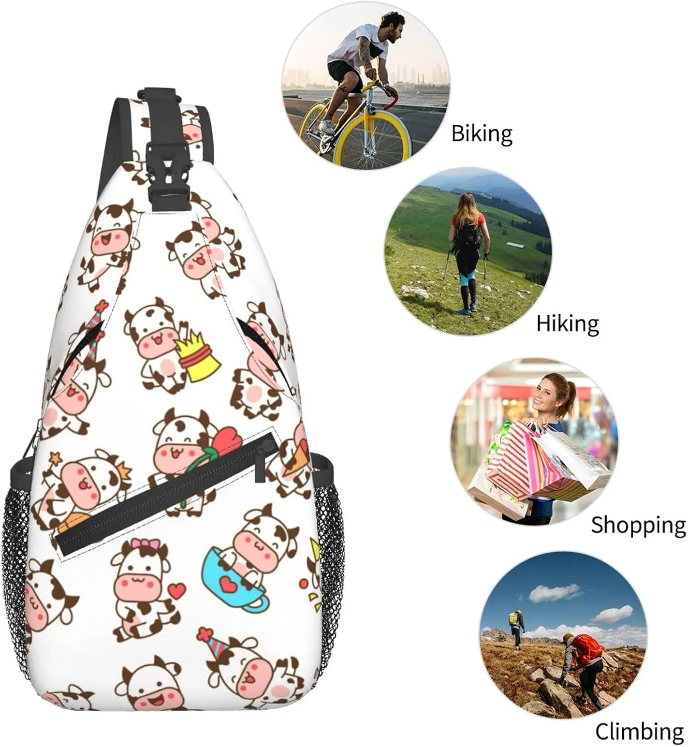 Cute Cow Crossbody Sling Backpack Sling Bag Adjustable Chest Shoulder Daypack For Women Men