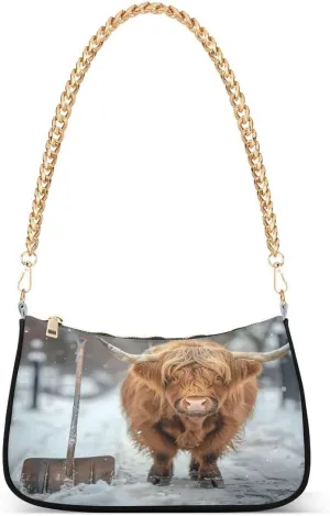 Cute Highland Cow Snowflake Tote Bag Hobo Handbag for Women Ladies Shoulder Bag Mini Clutch Purse with Zipper Closure