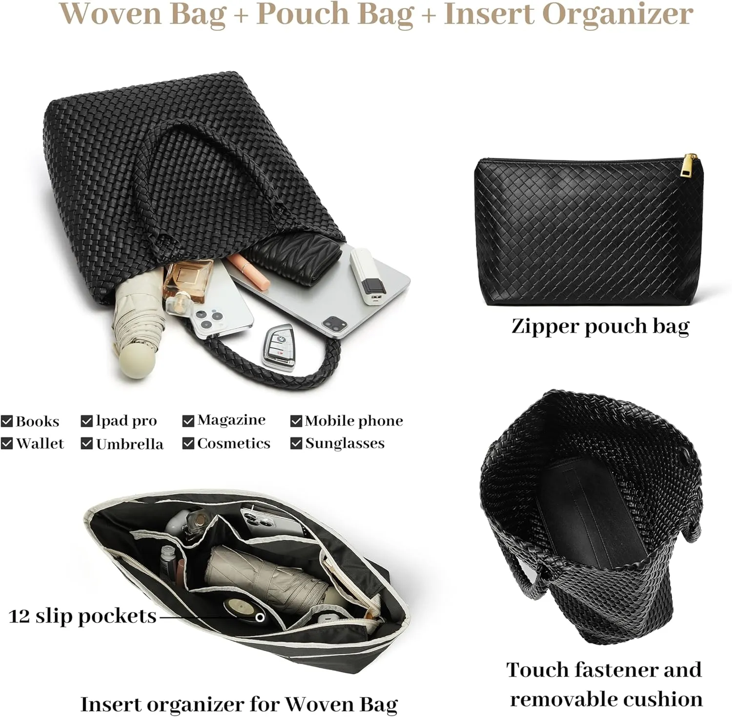 DAILANDO Fashion Woven Tote Bag For Women Soft Hobo Weave Shoulder Purse With Insert Organizer