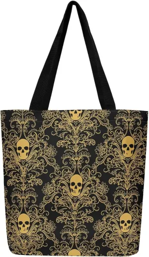Damask Gothic Foldable Beach Bag Antique Victorian Canvas Tote Bag for Women,Vintage Floral Goth Handbag