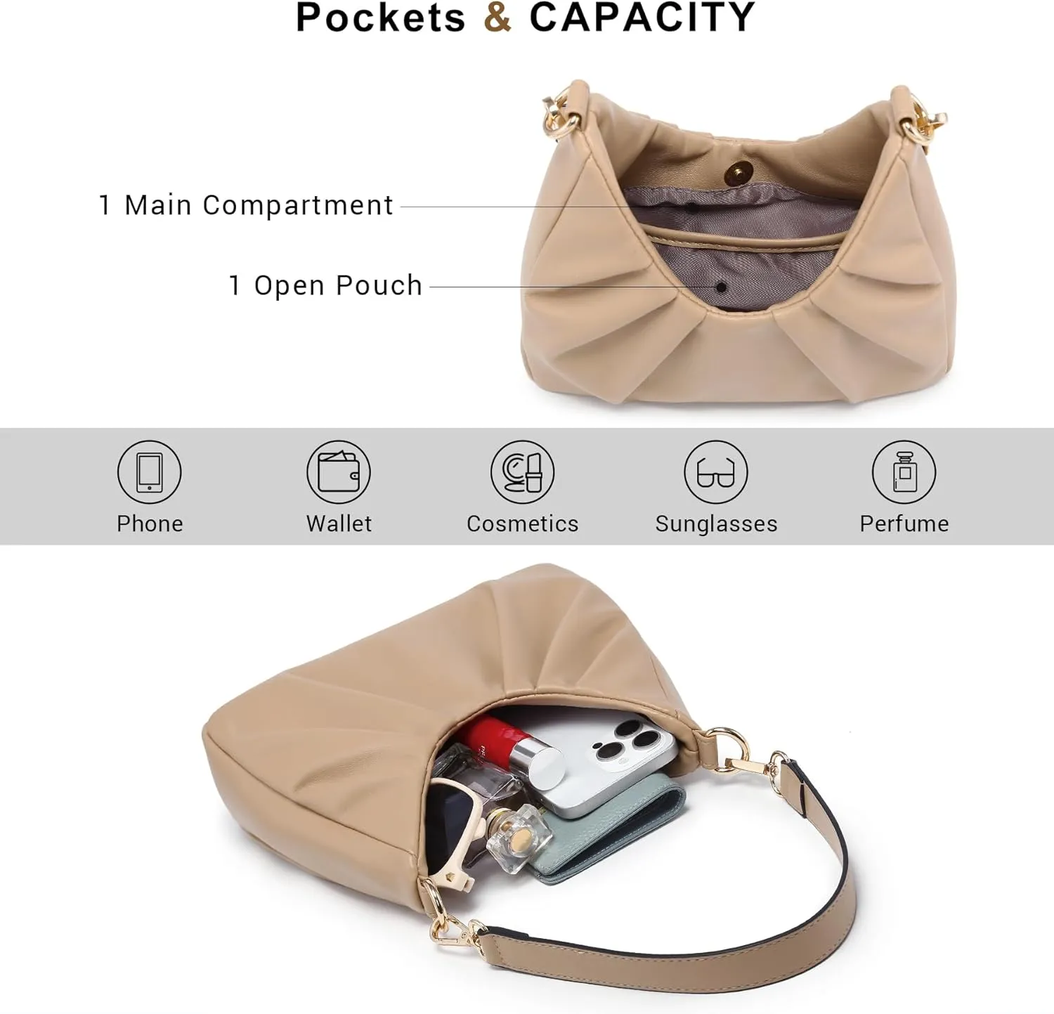 Dasein Ruched Hobo Handbag for Women Retro Shoulder Purse Crossbody Bag with 2 Removable Straps