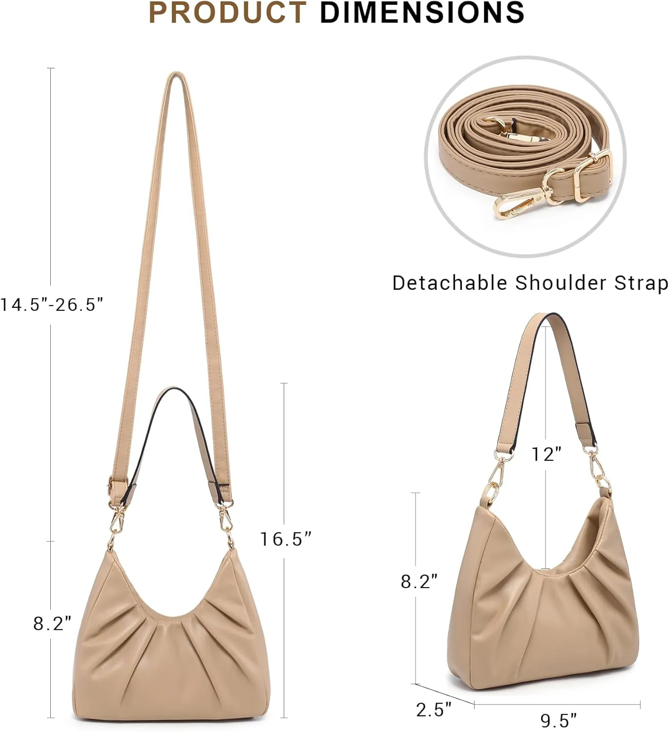 Dasein Ruched Hobo Handbag for Women Retro Shoulder Purse Crossbody Bag with 2 Removable Straps