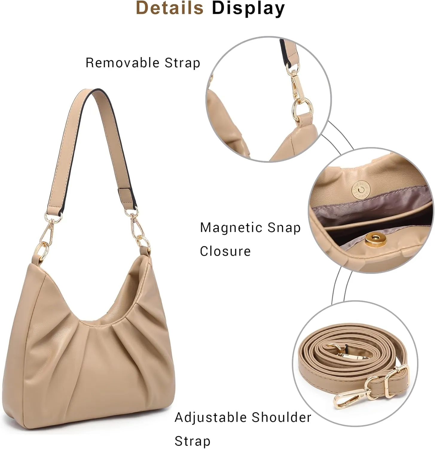 Dasein Ruched Hobo Handbag for Women Retro Shoulder Purse Crossbody Bag with 2 Removable Straps