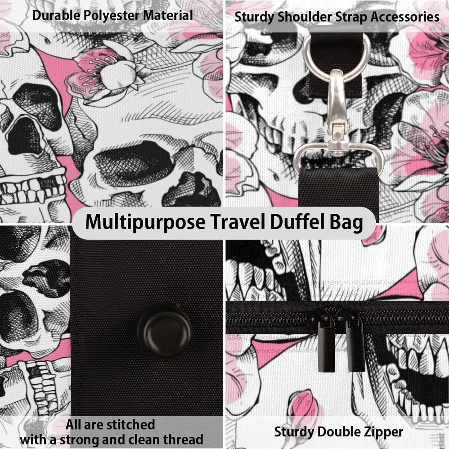 Day Of The Dead Skull Travel Duffel Bag, Cherry Blossom Skull Sports Gym Bag Waterproof Weekender Bag Overnight Travel Carry on Bag Duffel Tote for Women and Men