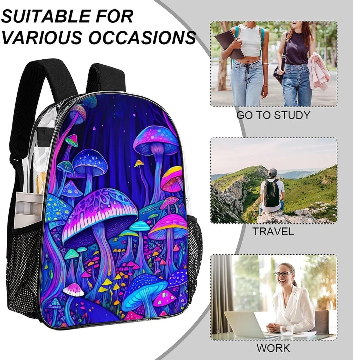 Daypack Anti-Theft Multipurpose Large Capacity Shoulder Bag - Magic Mushrooms Fairytale Mushrooms Scenery Psychedelic Art Travel Hiking & Camping Rucksack Transparent Bag