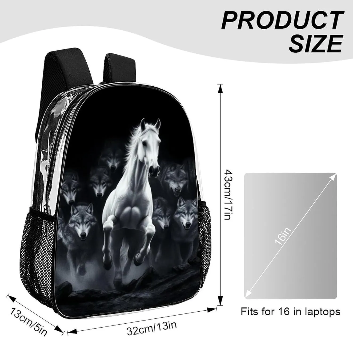 Daypack Backpack Anti-Theft Multipurpose Big Capacity Bookbag - Black And White Running Wild Horse Wolves Business Computer Bag Transparent Bag