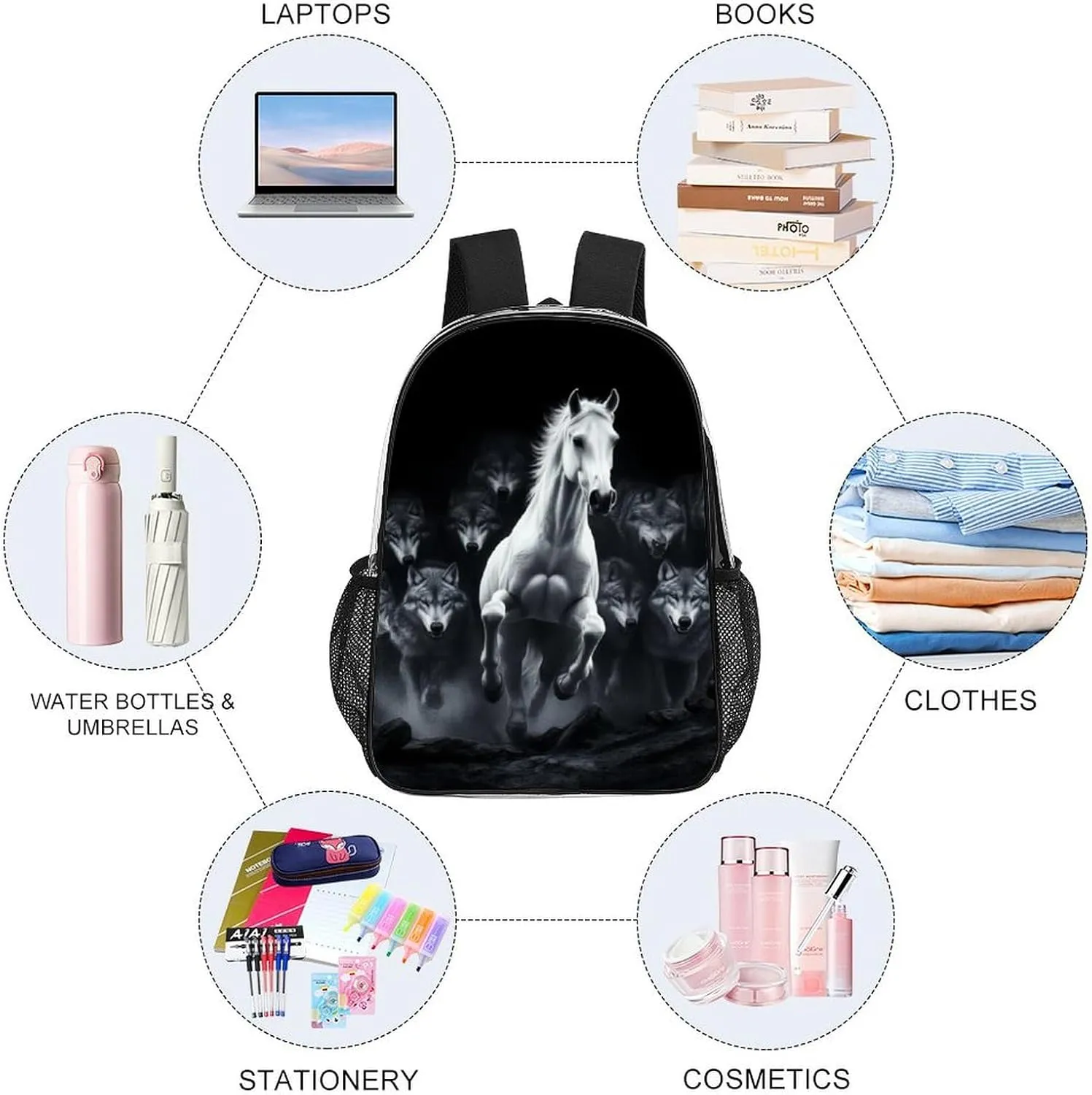 Daypack Backpack Anti-Theft Multipurpose Big Capacity Bookbag - Black And White Running Wild Horse Wolves Business Computer Bag Transparent Bag