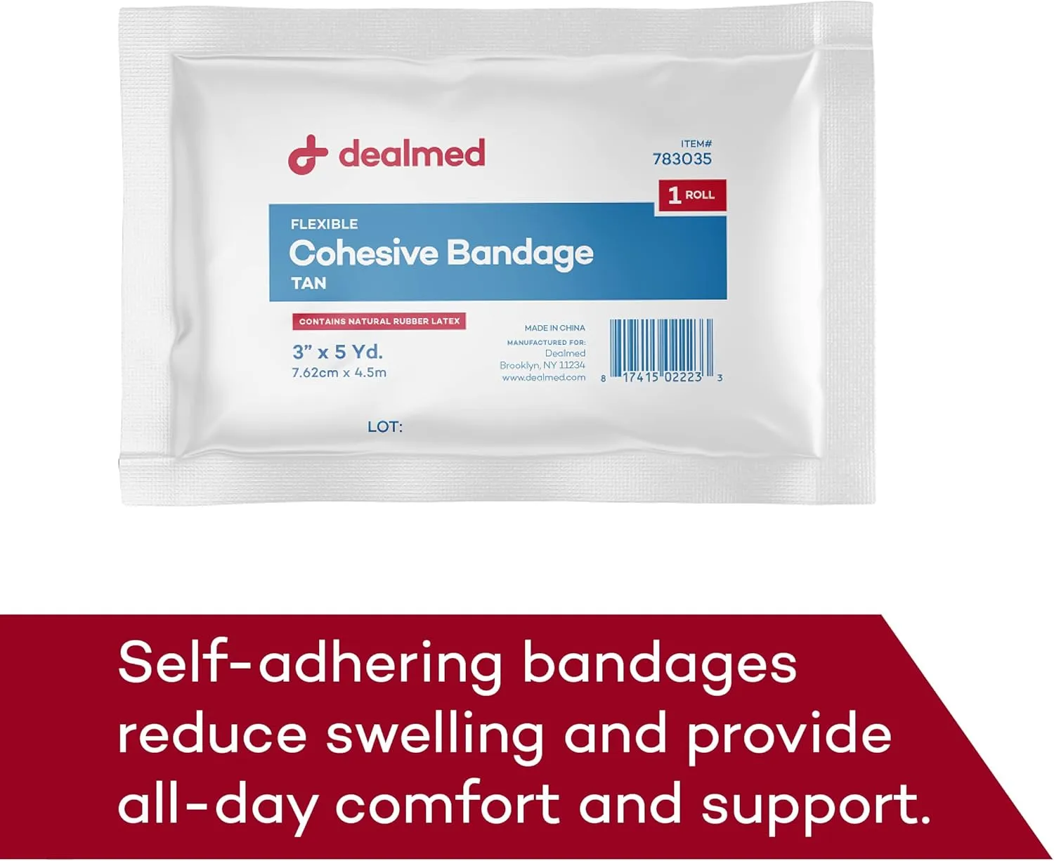 Dealmed Non-Adherent Cohesive Bandage Wrap – 3" x 5 Yards, Box of 24 Non-Woven Breathable Self Adherent Wraps for First Aid Kits, Athletics, Swelling, Sprains, Animal Wraps, Tan
