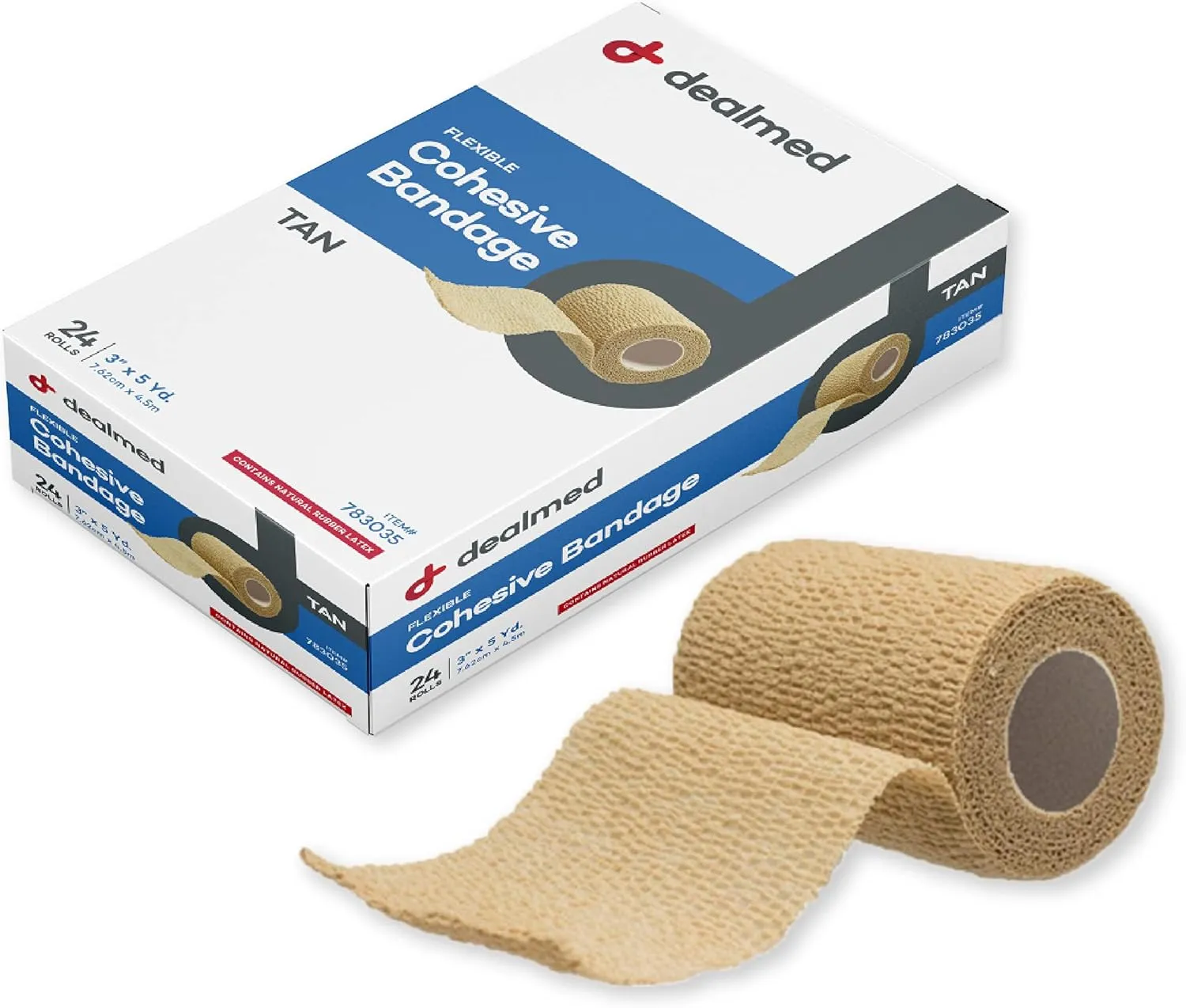 Dealmed Non-Adherent Cohesive Bandage Wrap – 3" x 5 Yards, Box of 24 Non-Woven Breathable Self Adherent Wraps for First Aid Kits, Athletics, Swelling, Sprains, Animal Wraps, Tan